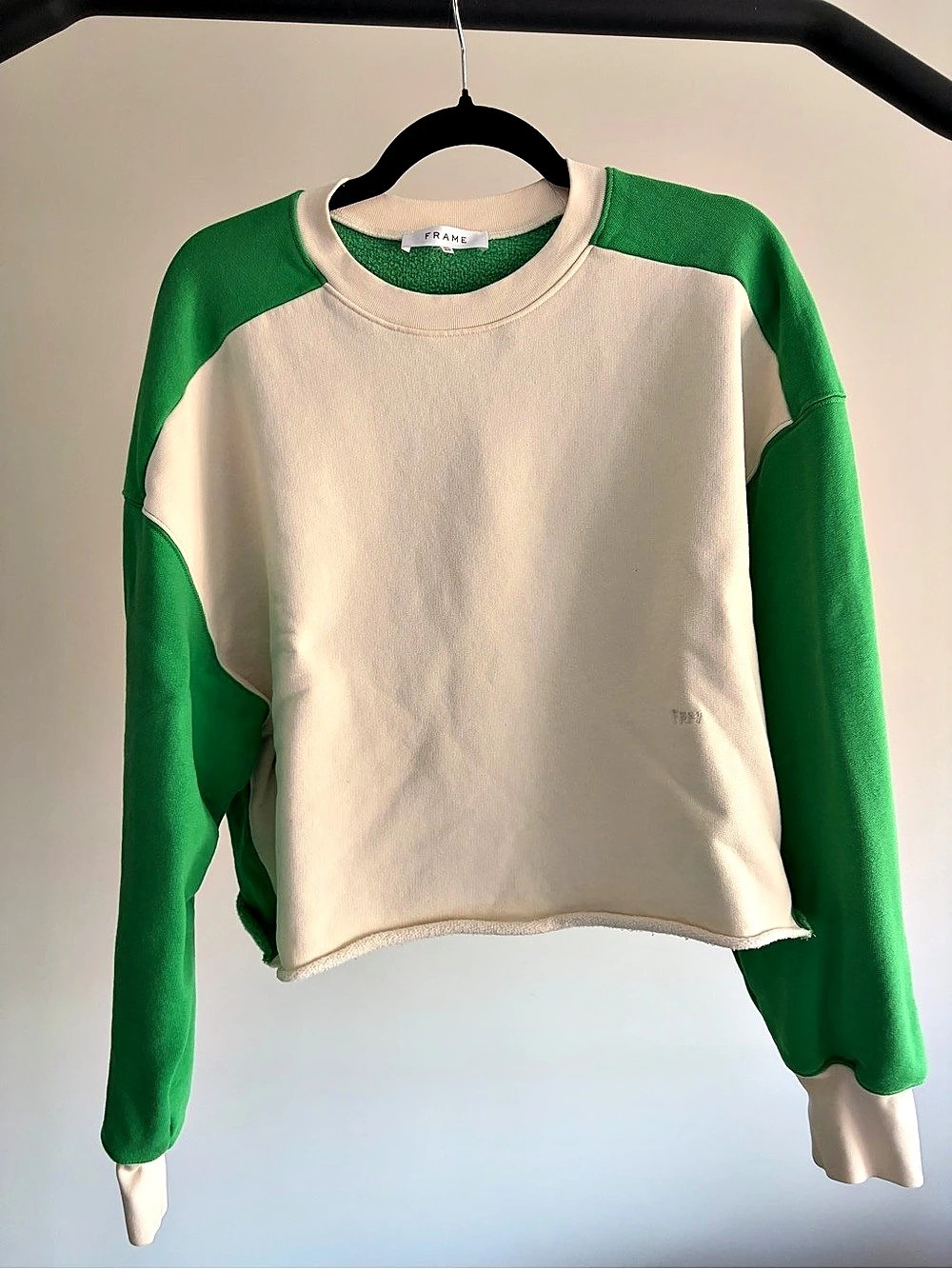 FRAME Color Block Raw Hem Sweatshirt Green & Cream Size M/L